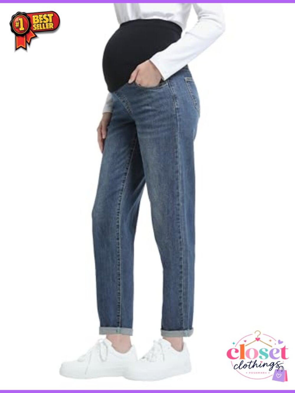 Maternity Boyfriend Jeans Cotton Blend Full Panel Pull On Denim Pants